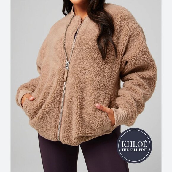 Fabletics Jackets & Blazers - Fabletics Teddy Oversized Bomber Jacket Size S Tan Camel Khloe Edit Sherpa NEW